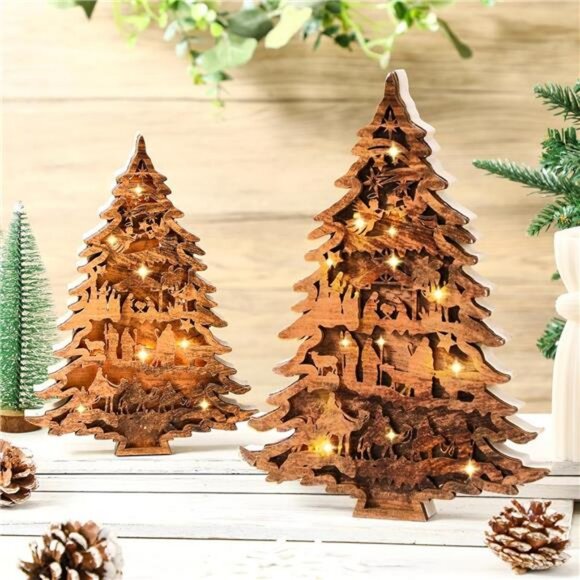 2 Pieces Christmas Nativity Scene Table Decor Wooden Tree Table Centerpieces